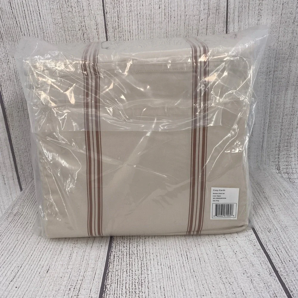 Cozy Earth Sheet Set King Maple Brown Striped Bamboo Viscose Cooling Bedding